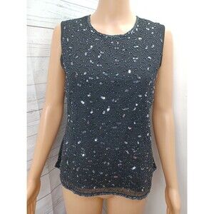 Erena Tank Top Cami Black Sequined Beaded Embellished Sleeveless Sz M